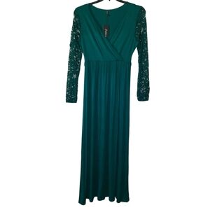 Chic Teal Maxi Dress with Lace Sleeves